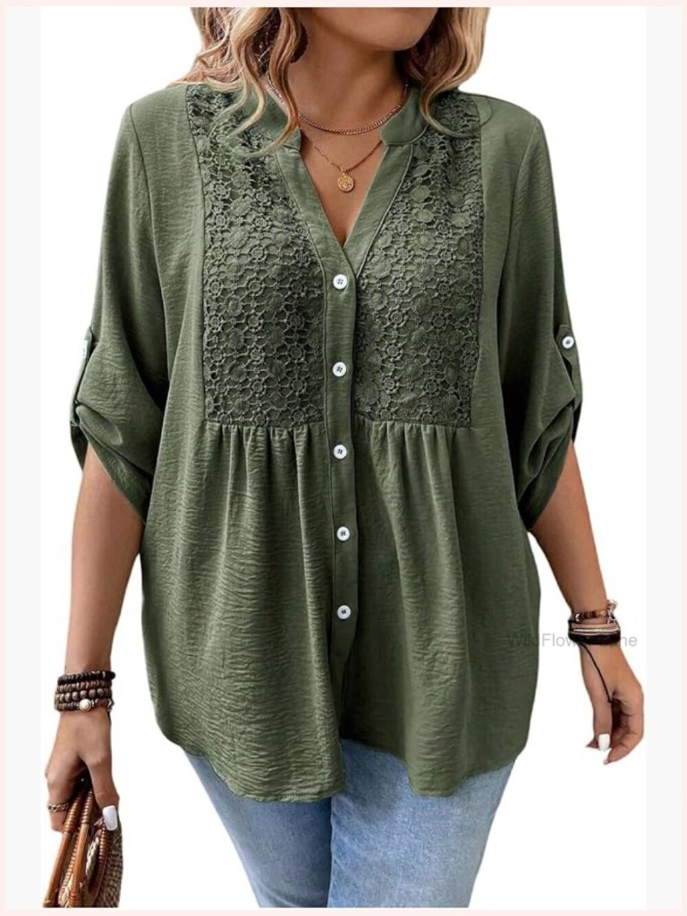 Boho Plus Size Button Down Blouse Floral 3/4 Sleeve Peplum Tunic Top
